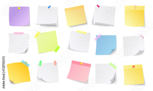 Paper notes. white stickers or notepad pages with curled corners. Empty blanks for messages. Realistic  mock up.
