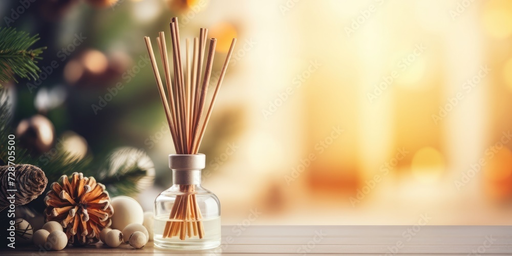 Fototapeta premium Home fragrances. Aromatic reed diffuser with Christmas tree elements creating peace, tranquility, relaxation, and enjoyment.
