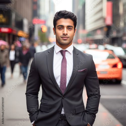 young businessman in suit standing on city street