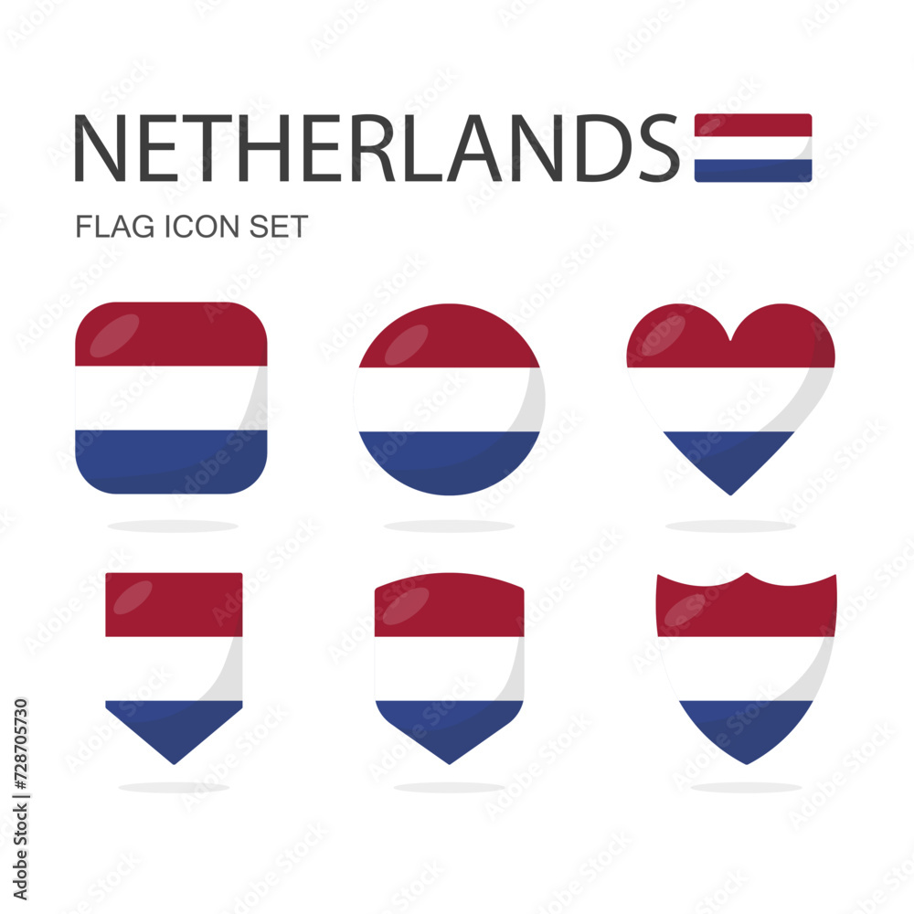 Netherlands 3d flag icons of 6 shapes all isolated on white background. Netherlands 3d flag icons of 6 shapes all isolated on white background.