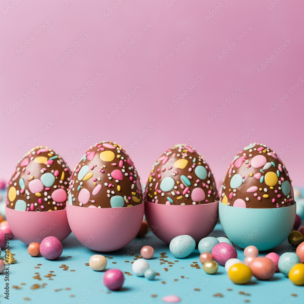Chocolate Easter eggs sprinkled with candy on a blue and pink background