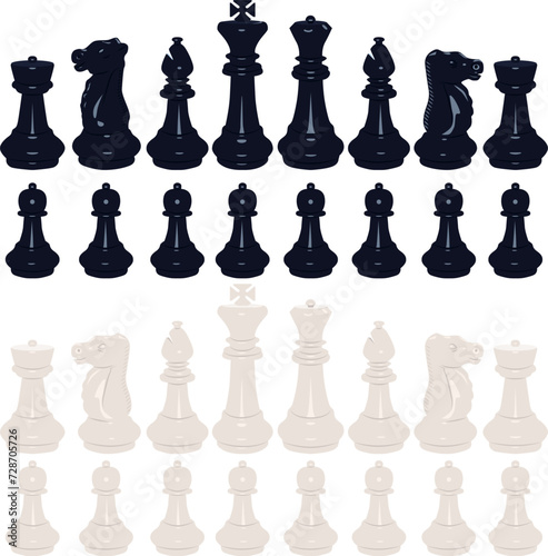 A complete set of chess pieces. Set for playing chess. Board game.