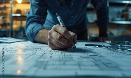 an architect's hands drawing a detailed blueprint on the worktable photo