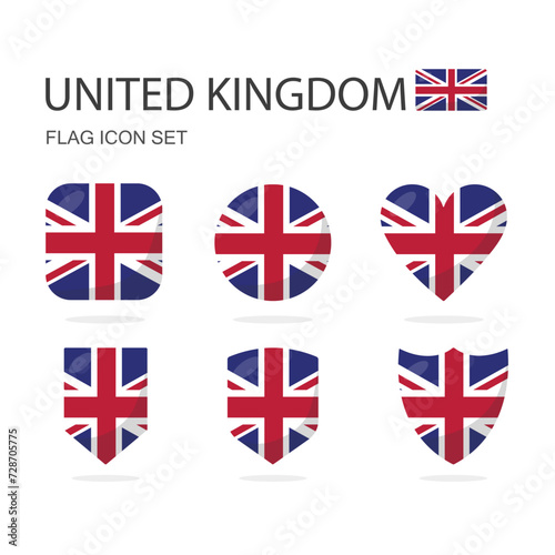 UK 3d flag icons of 6 shapes all isolated on white background.