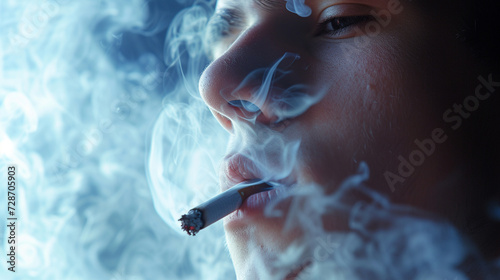 Close up young man smoking a cigarette.