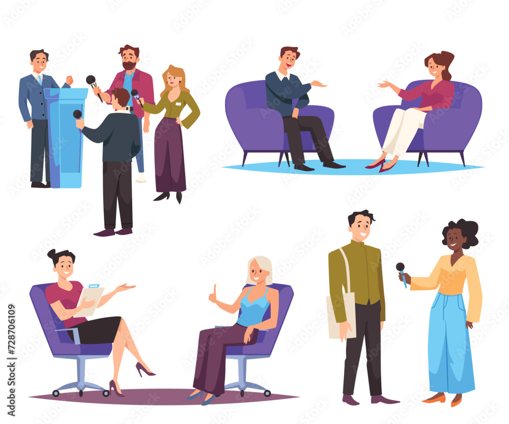 Journalists, interviews with people, set of flat vector illustrations Journalists, interviews with people, set of flat vector illustrations