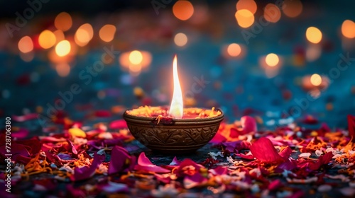 Diwali Diya Lamp with Festive Bokeh Lights. Generative ai