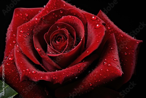 A close-up photo of a vibrant red rose with sparkling water droplets on its petals  capturing the beauty of nature.