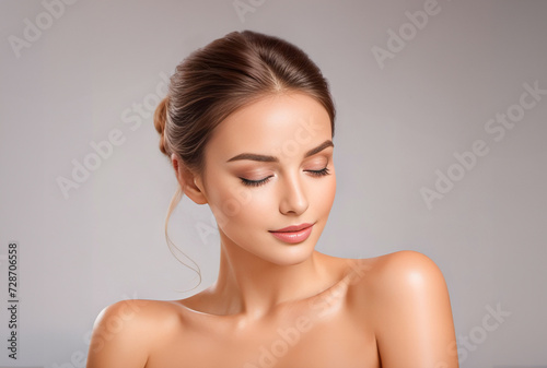 Beauty portrait of a beautiful half naked young woman with closed eyes. Skin care and cosmetics concept on gray background with copy space.