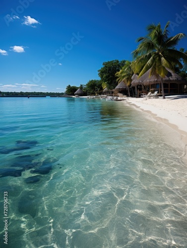 Tropical beach paradise with swaying palm trees and crystal clear water under a blue sky