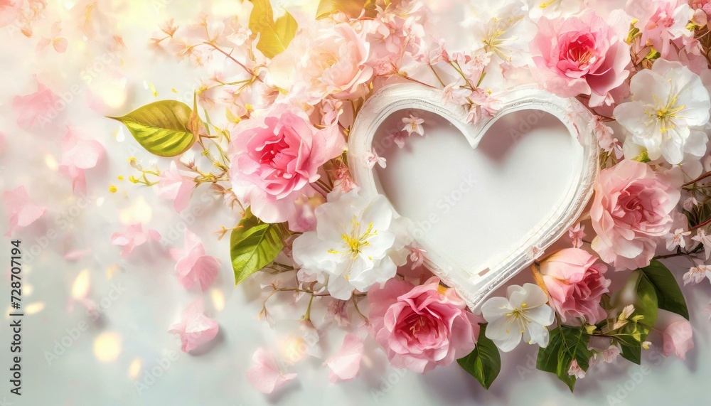 Romantyczne tło z różami i ramką w kształcie serca z białą kartką papieru i miejscem na tekst - obrazy, fototapety, plakaty 