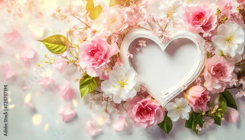 Romantyczne tło z różami i ramką w kształcie serca z białą kartką papieru i miejscem na tekst