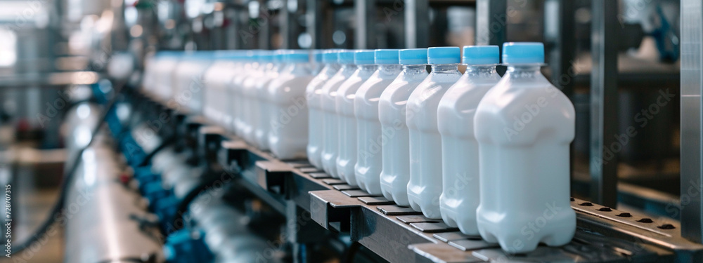 bottles with yogurt on a conveyor belt close-up bottles with yogurt on a conveyor belt close-up