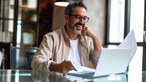 A joyful person reviewing documents at a table with a laptop, showing a scene of productivity and contentment.