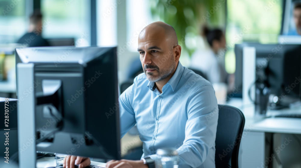 Confident individual at a workstation with multiple computer monitors in a modern office.