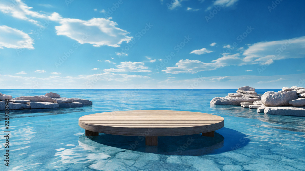 Wooden podium in the middle of the sea. 3d rendering. AI Generative