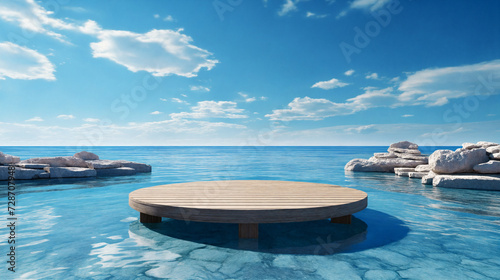Wooden podium in the middle of the sea. 3d rendering. AI Generative © k_e_n