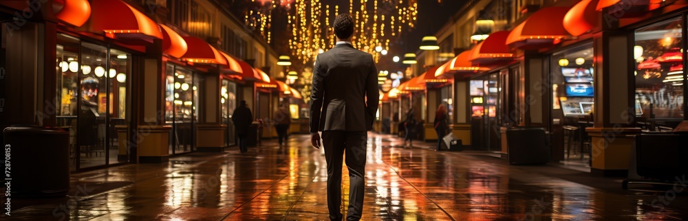 A person from the back in an elegant suit stands in front of the entrance to a casino in neon light.
Concept: nightlife and advertising of entertainment venues. Case studies about the psychology of ga