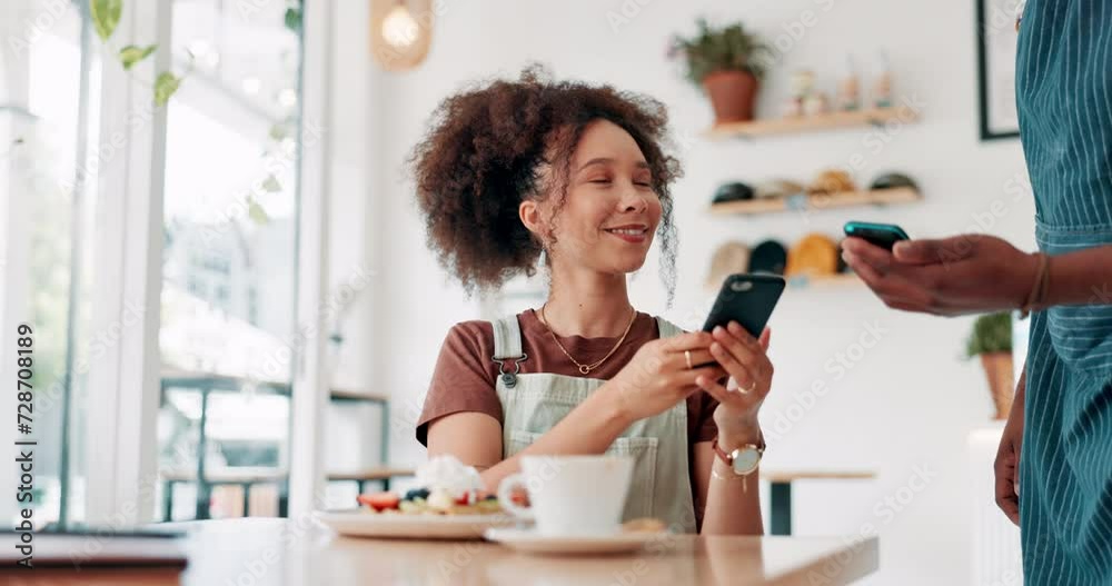 Customer service, cafe and phone payment for waffles, food and breakfast with POS machine and waiter hands. Young African woman with mobile tap or digital transaction at small business or coffee shop