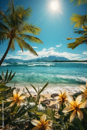 Tropical flowers frame a sunlit beach with foamy waves and distant mountains