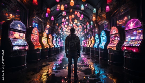 A person from the back in an elegant suit stands in front of the entrance to a casino in neon light. Concept: nightlife and advertising of entertainment venues. Case studies about the psychology of ga