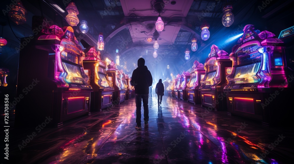 A person from the back in an elegant suit stands in front of the entrance to a casino in neon light.
Concept: nightlife and advertising of entertainment venues. Case studies about the psychology of ga - obrazy, fototapety, plakaty 