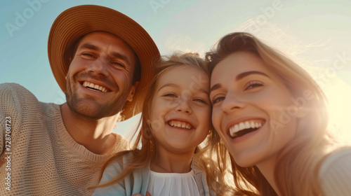 joyful moment of a family consisting of a mother, father, and their young daughter, all smiling and cuddling together in an outdoor setting with a clear blue sky in the background.