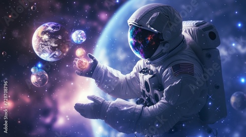 astronaut in a suit in space holding the glowing earth with his hand in high resolution and high quality
