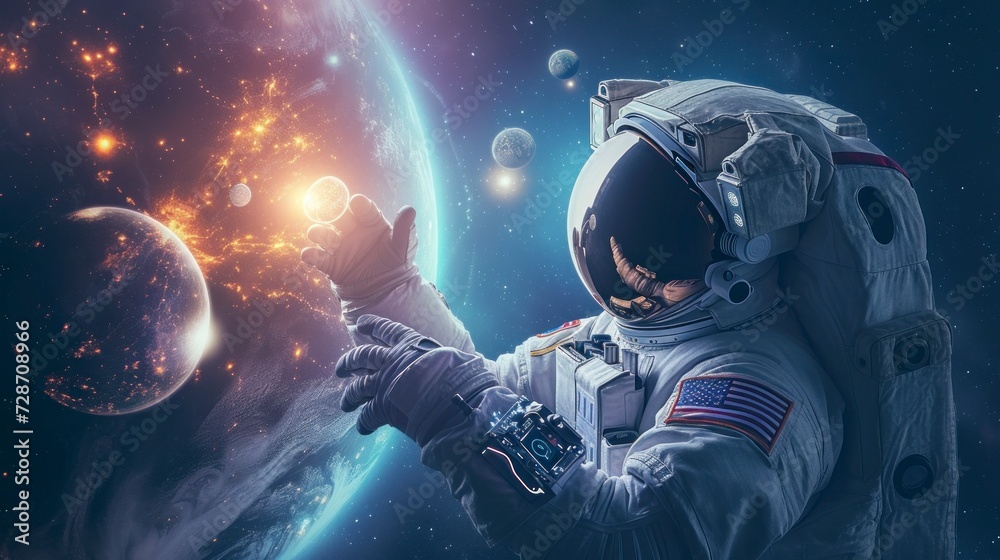 astronaut in suit in space holding earth with hand astronaut in suit in space holding earth with hand