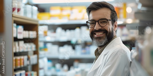 Smiling pharmacist standing in a pharmacy store. professional healthcare worker in a white coat. friendly pharmacy atmosphere. AI © Irina Ukrainets