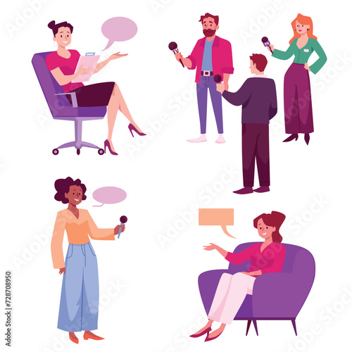 Journalists conducting interviews and reporting news, flat vector isolated.