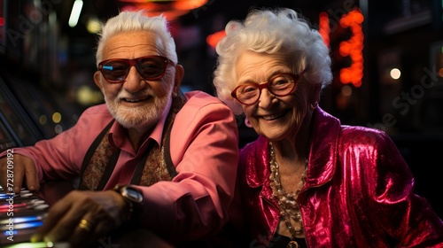 An elderly couple plays in a casino with smiles, surrounded by bright lights and chips on the gaming table. Concept: older people leading an active and cheerful lifestyle, entertainment activities 