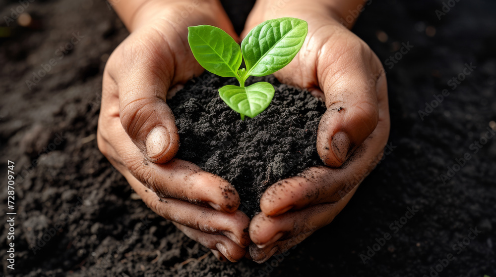 pair of hands holds a small amount of soil with a young green plant growing from the center pair of hands holds a small amount of soil with a young green plant growing from the center