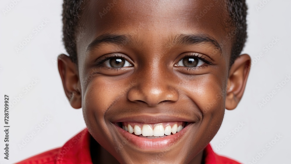 Rostro de niño afroamericano, sonriente, cabello corto, sobre fondo blanco Rostro de niño afroamericano, sonriente, cabello corto, sobre fondo blanco