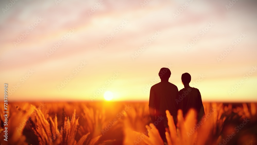 Silhouette Lover Dating in Summer Grass Landscape in Rear View 3D Rendering