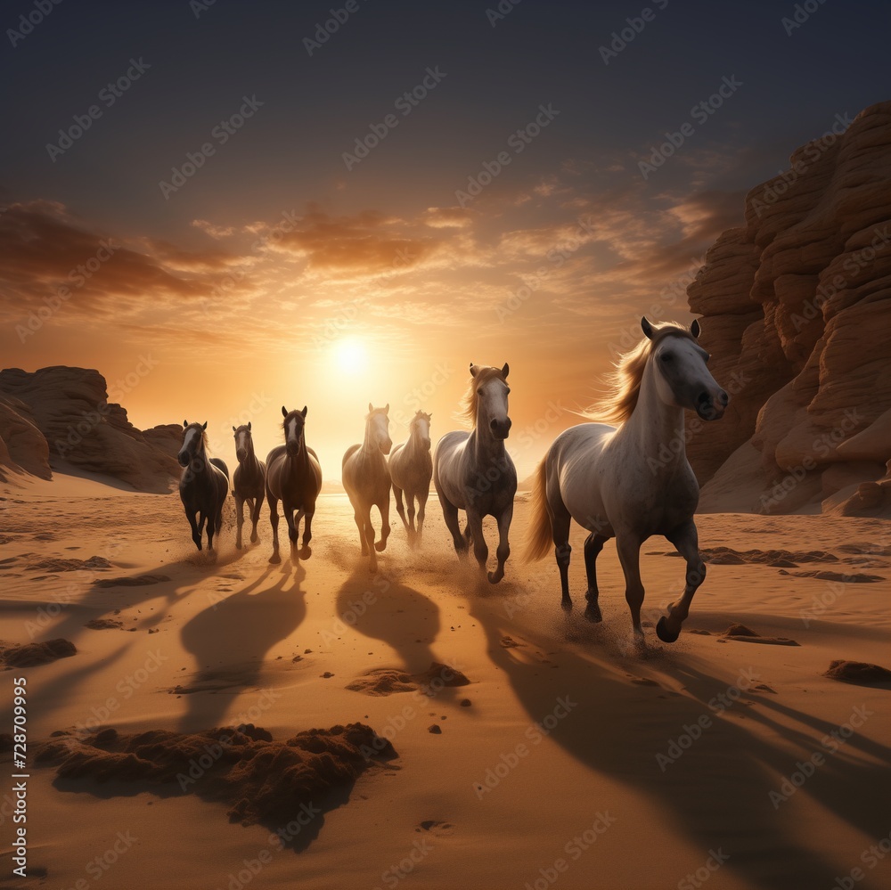 Fototapeta premium a horse herd on a sandy beach under the gentle light of the full moon.