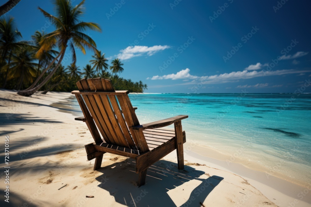 Lone wooden chair on a pristine beach, inviting relaxation in a tropical paradise