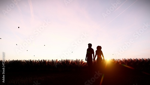 Silhouette Couple Holding Hands in Open Field with Sunshine and Copy Space 3D Rendering.