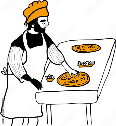 Disabled young man with a prosthetic arm makes pizza in the kitchen. Male character with a physical disability, prosthetic artificial hand, bionic prosthesis concept. Doodle style vector illustration.