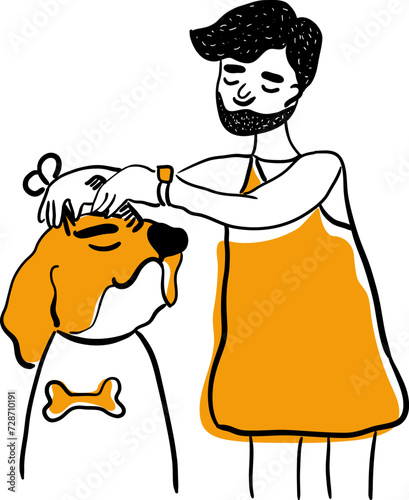 A dog groomer cuts the fur of a domestic pet at a grooming salon. The grooming dog is happy to be groomed. Happy national Dog day poster design.Vector illustration in doodle style isolated on white bg