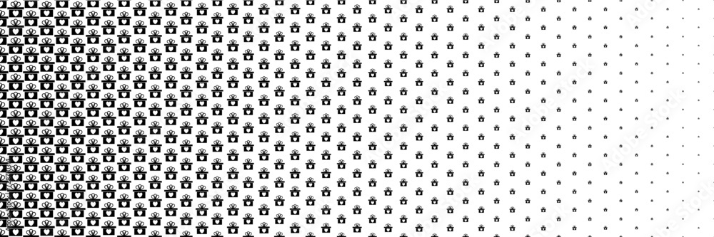 horizontal halftone of white heart on black gift box design for pattern and background.