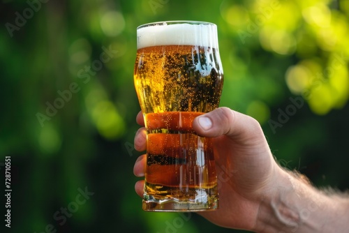 Close up male hand holding freshly poured beer in a large glass on a green natural bright background, concept of outdoor recreation and st. patrick's day celebration
