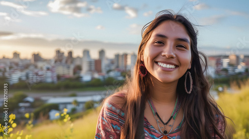 Portrait of native american woman smiling on camera with city in background - Indigenous girl outdoor - Model by AI generative photo