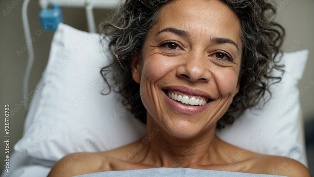 Close-up of a smiling middle-aged mixed-race woman in a hospital bed, radiating positivity and recovery. - obrazy, fototapety, plakaty 