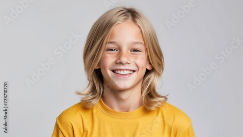 Rostro de niño rubio, sonriente, con cabello largo, sobre fondo blanco photo