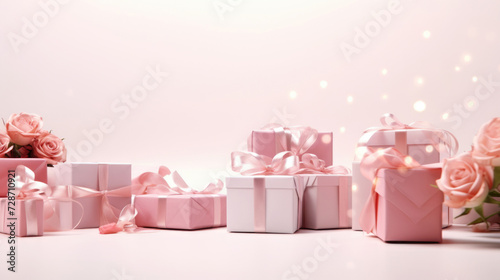 Gifts for March 8th, Mothers day, Pink Present boxes background, copy space