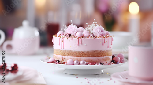 A beautifully decorated cake with dripping pink frosting. Easter concept, March 8, Mother's Day, Valentine's Day