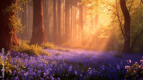 Encanto del Bosque: Campanillas Azules bajo la Luz del Sol Matinal photo