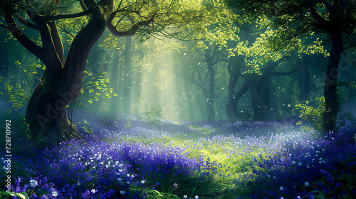 Encanto del Bosque: Campanillas Azules bajo la Luz del Sol Matinal photo