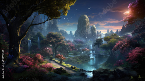 Fantasy magical enchanted fairy tale landscape with forest lake, fabulous fairytale garden. mysterious blue background and glowing moon ray in night.